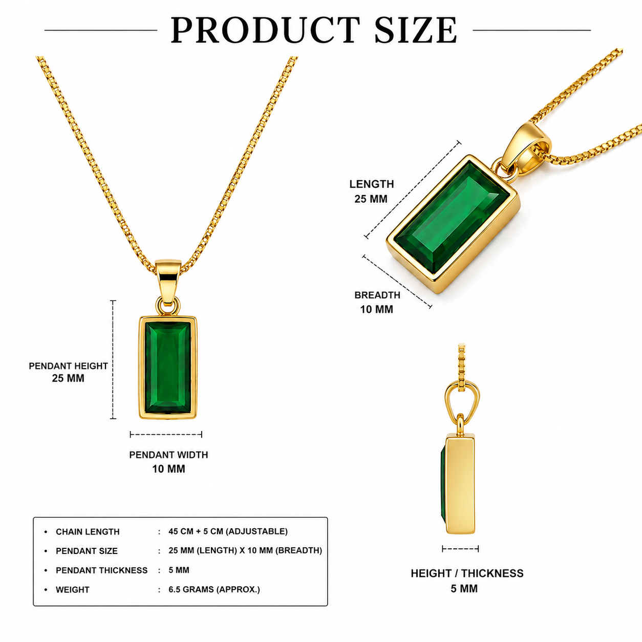 Emerald Green Rectangle Pendant Necklace for Women