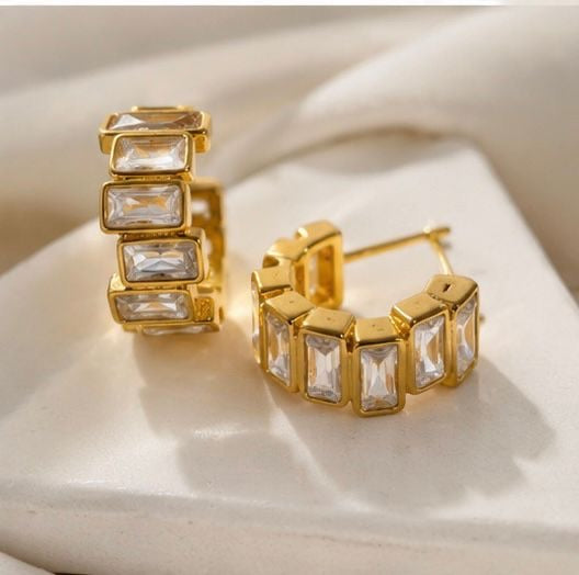 Gold Plated Rectangular Crystal Hoop Earrings for Women