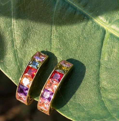 Gold Plated Multicolor Stone Hoop Earrings for Women