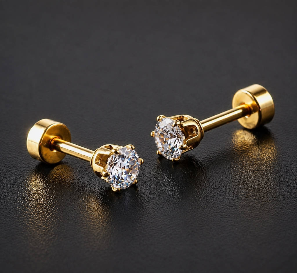 Unisex Gold Plated Cubic Zirconia Stud Earrings