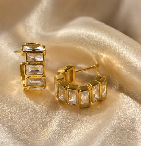 Gold Plated Rectangular Crystal Hoop Earrings for Women