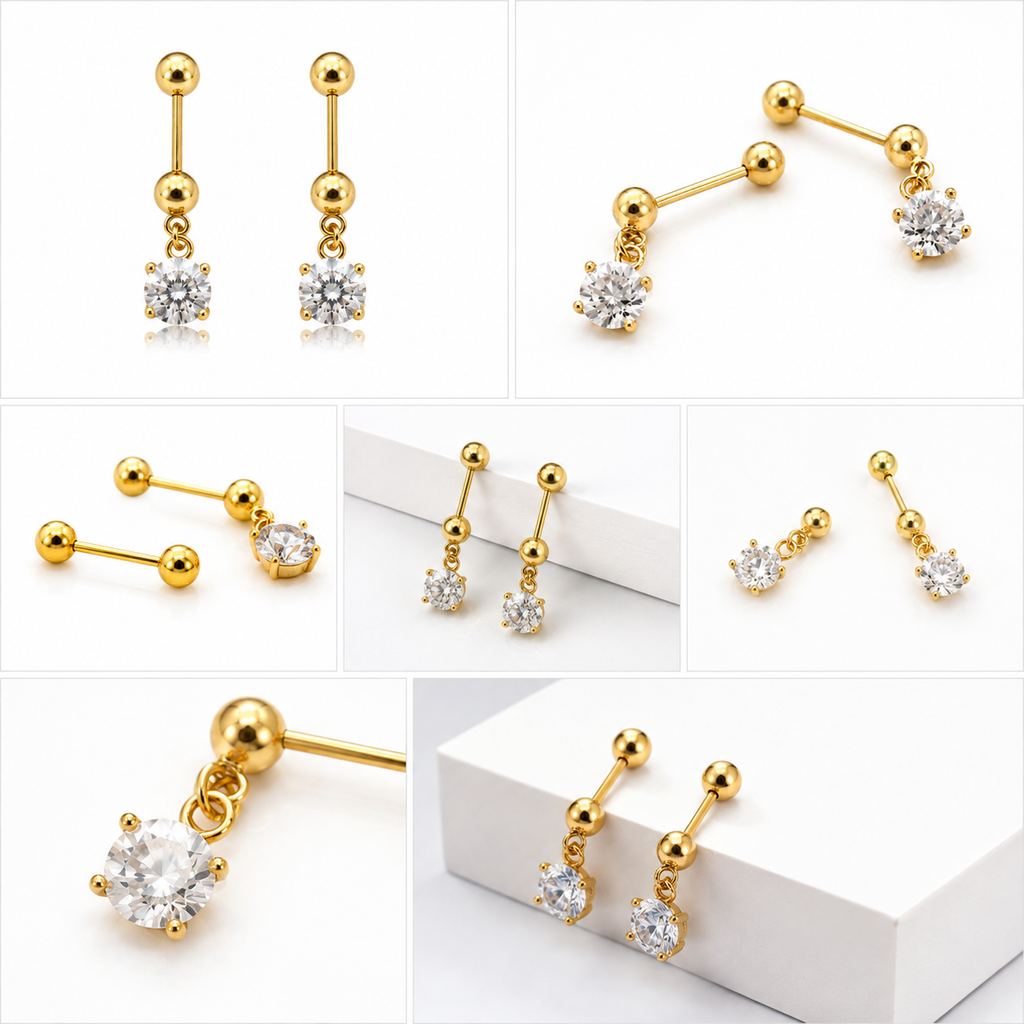 Gold Plated Dangle Stud Earrings with Sparkling Cubic Zirconia for Women & Girls
