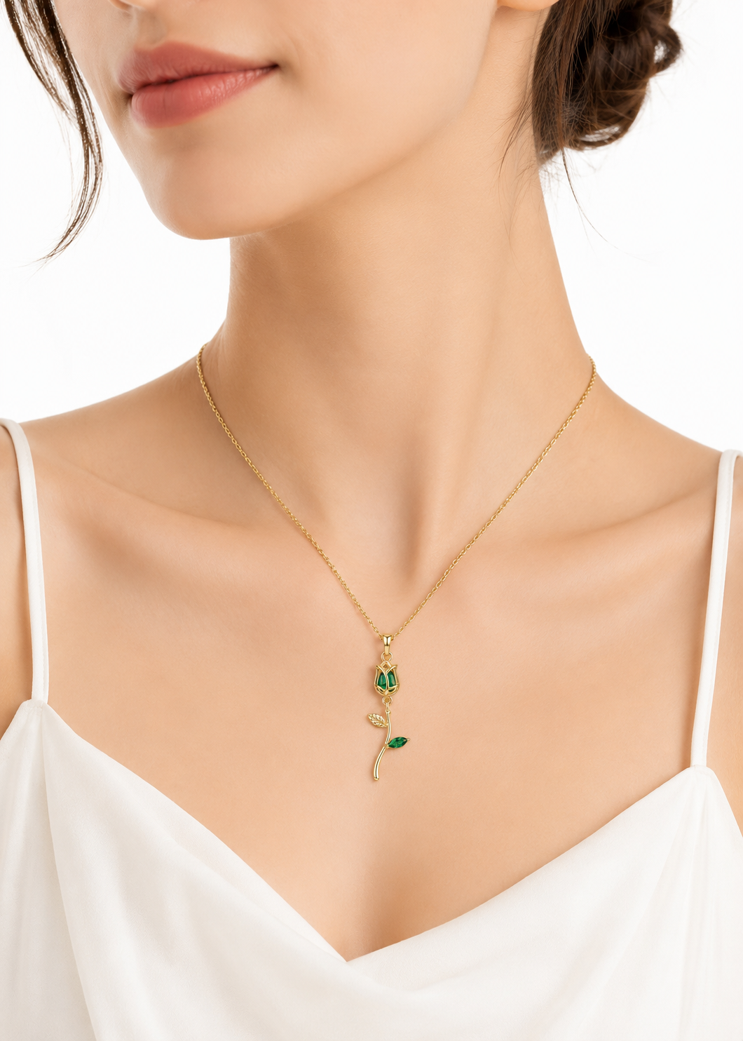 Tulip pendant Green and white stone for women