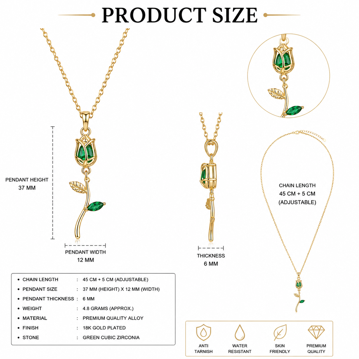 Tulip pendant Green and white stone for women