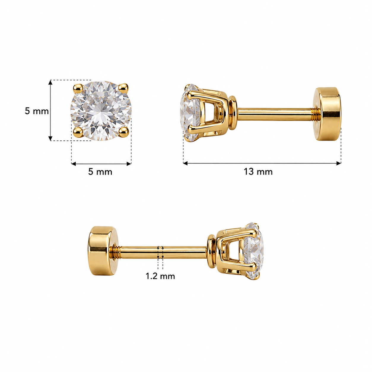 Unisex Gold Plated Cubic Zirconia Stud Earrings
