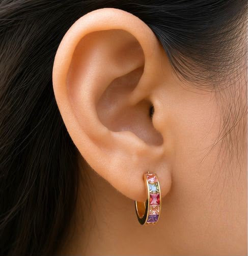 Gold Plated Multicolor Stone Hoop Earrings for Women