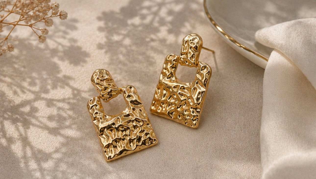 Gold Textured Geometric Drop Earrings for Women