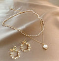 Elegant Pearl Bow Necklace & Earrings Set for Women | Gold Plated Layered Jewelry