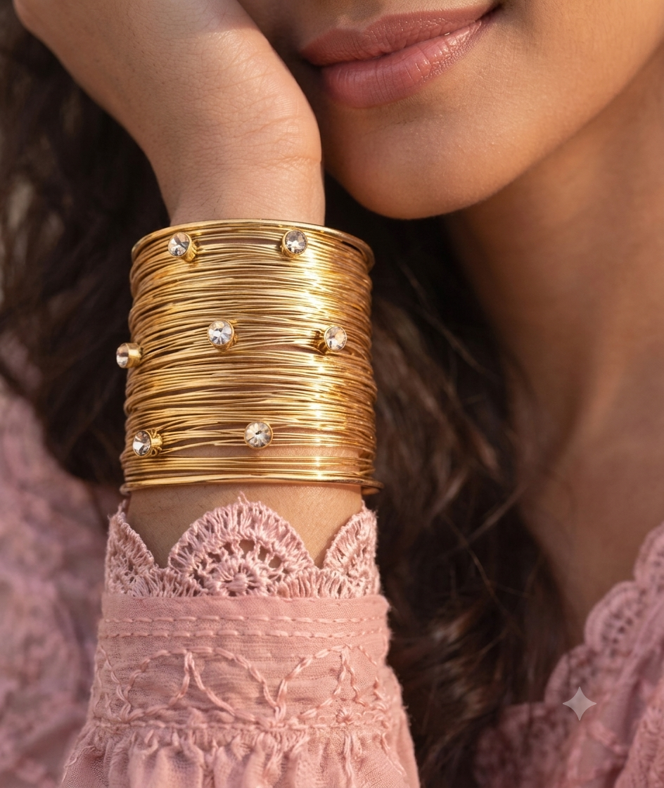 Luxury Gold Plated Multi-Wire Cuff Bracelet with Crystal Studs for Women
