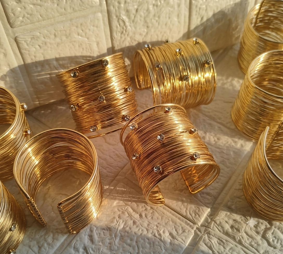 Luxury Gold Plated Multi-Wire Cuff Bracelet with Crystal Studs for Women