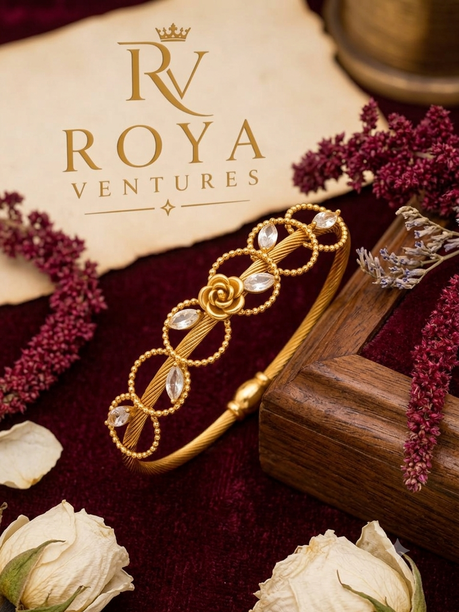 Royal Gold-Plated Rose & White Stone Kada Bangle