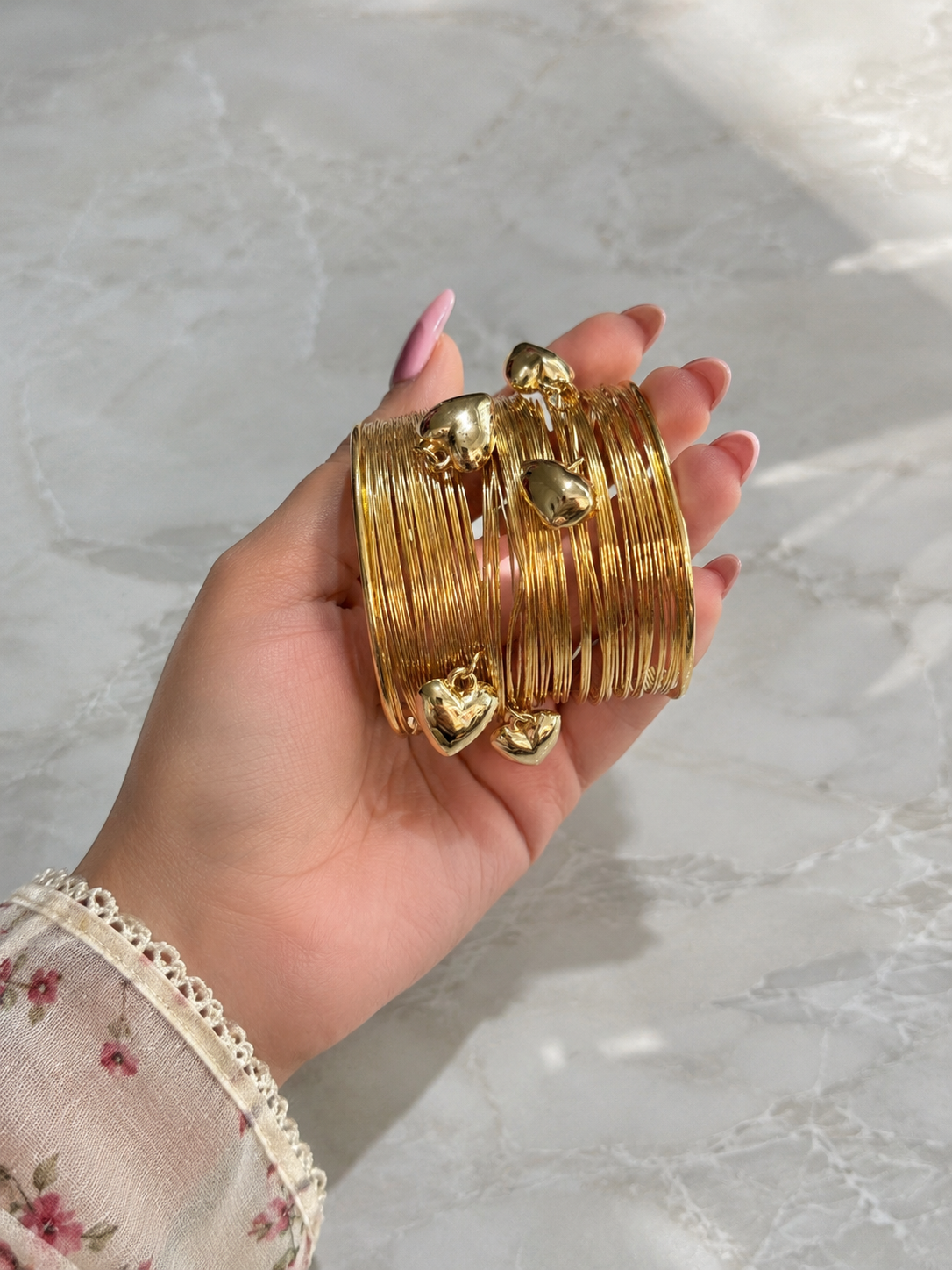 Gold Plated Heart Charm Wire Bangles Set for Women