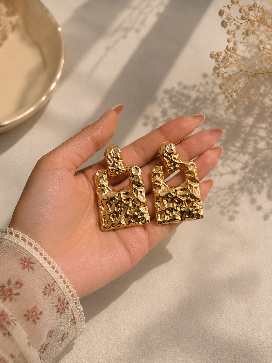Gold Textured Geometric Drop Earrings for Women