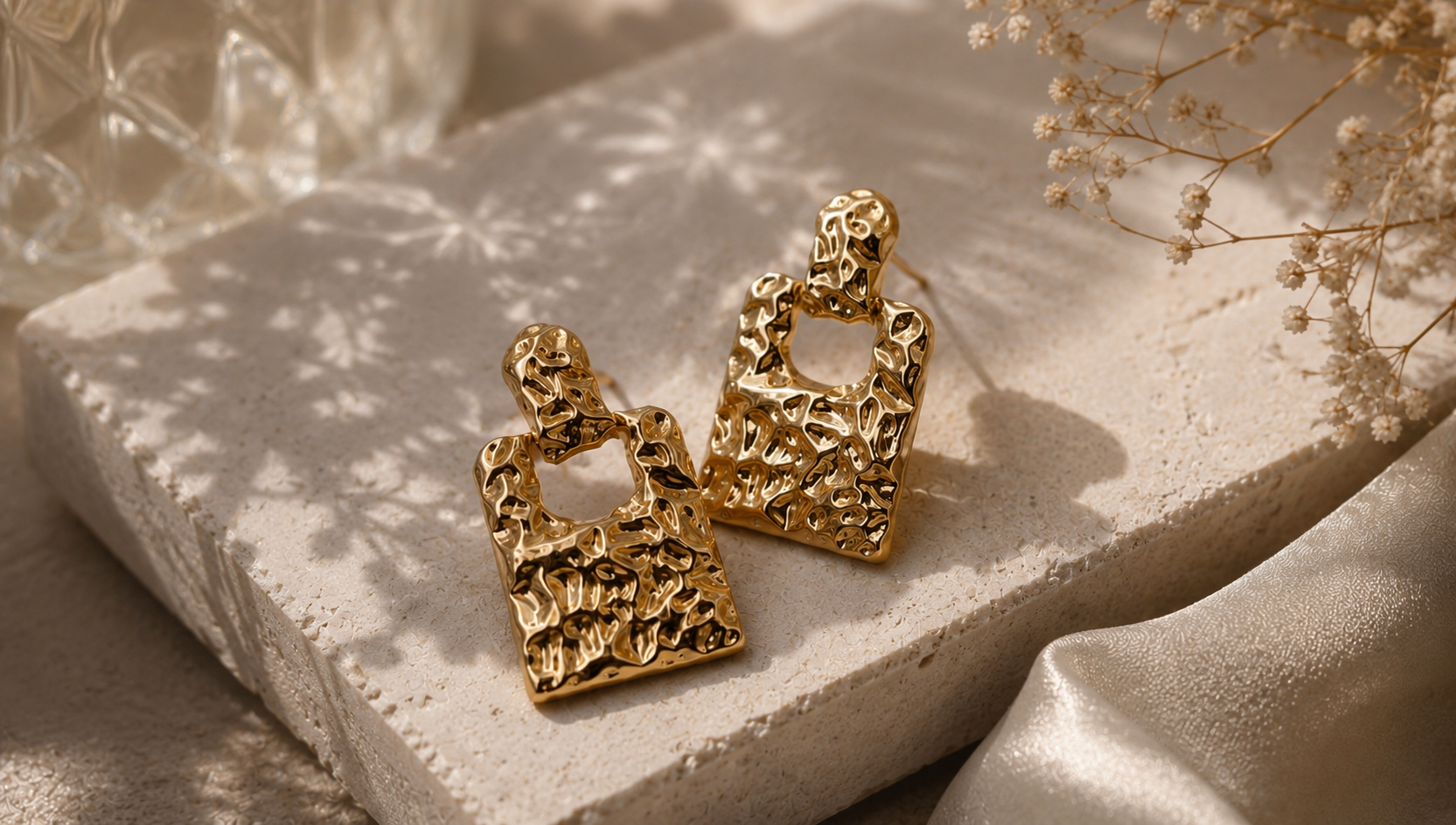 Gold Textured Geometric Drop Earrings for Women
