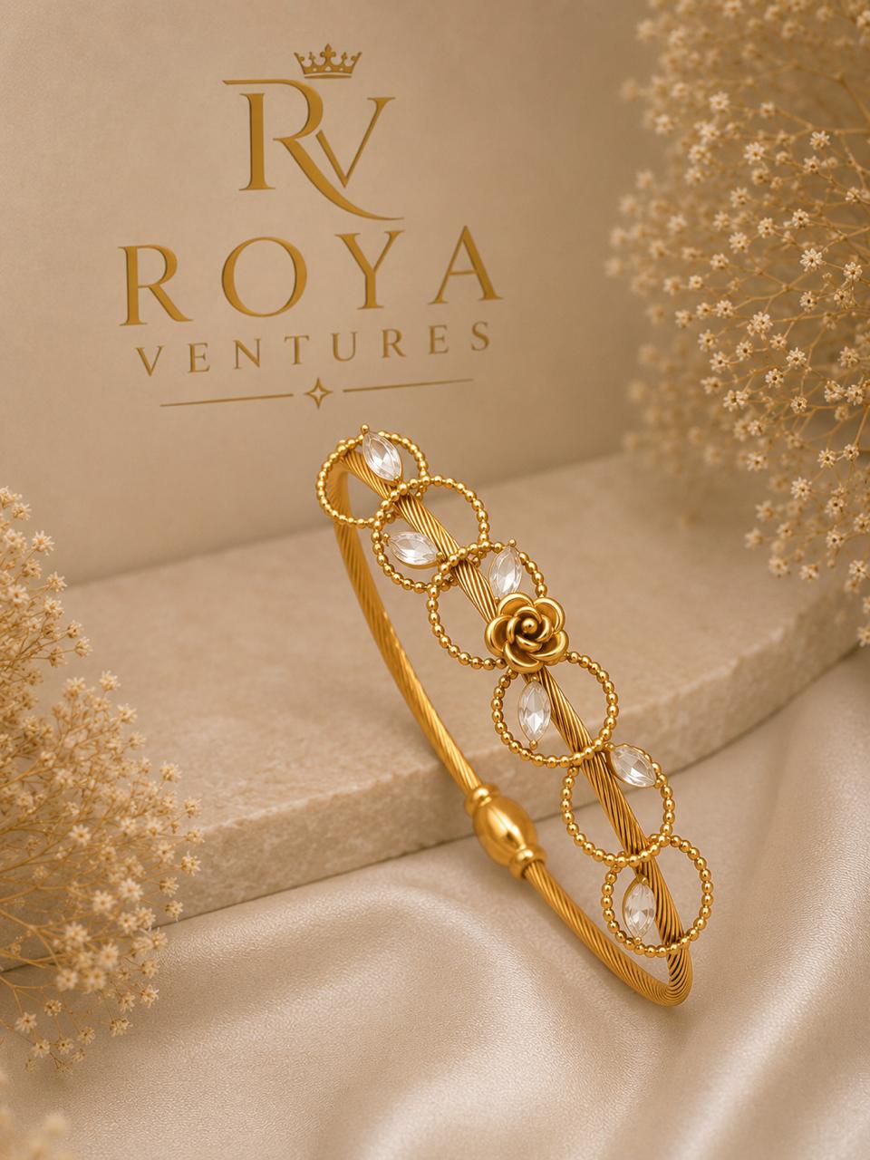 Royal Gold-Plated Rose & White Stone Kada Bangle