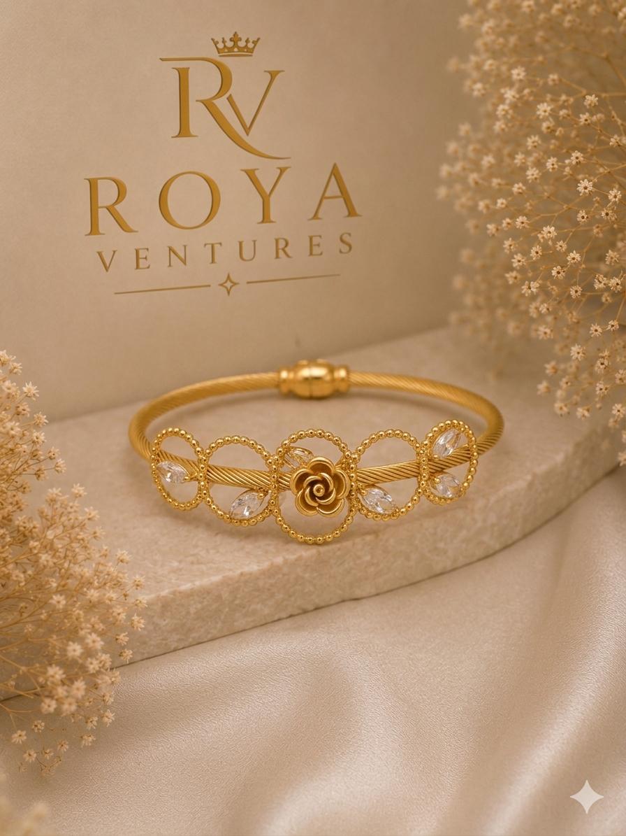 Royal Gold-Plated Rose & White Stone Kada Bangle