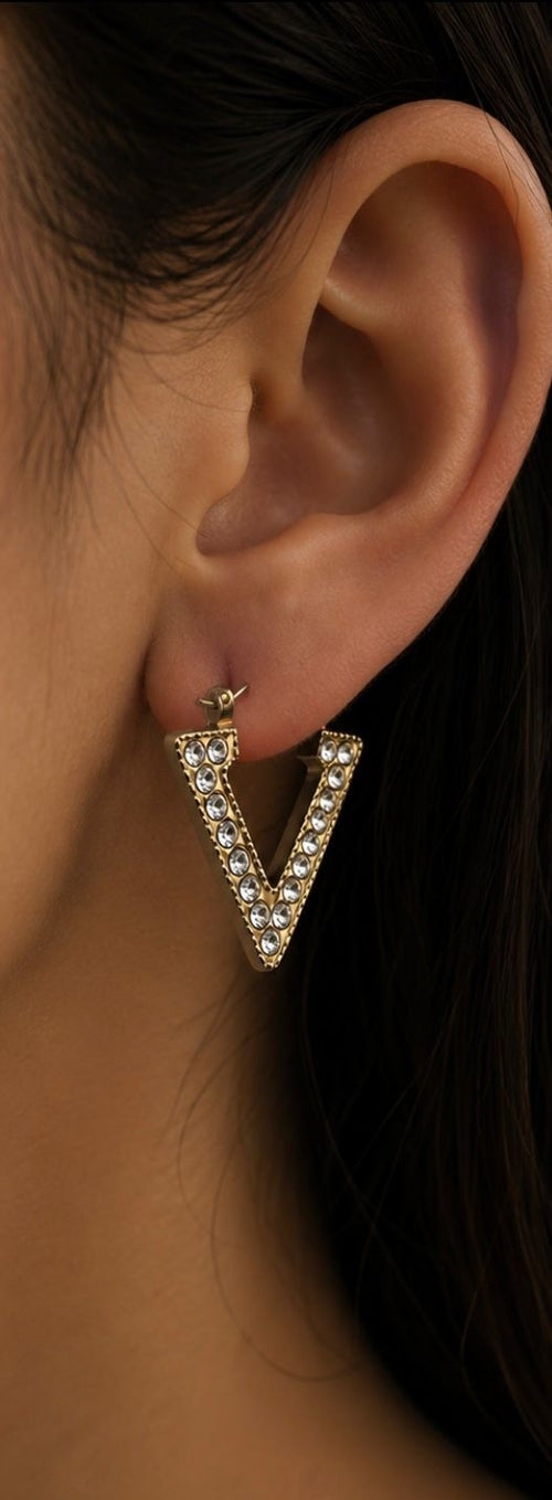 Elegant V-Shape Gold-Plated Crystal Hoop Earrings for Women