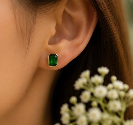 Emerald Green Stone Gold Plated Necklace & Stud Earrings Set for Women