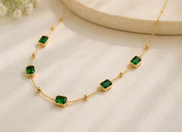 Emerald Green Stone Gold Plated Necklace & Stud Earrings Set for Women