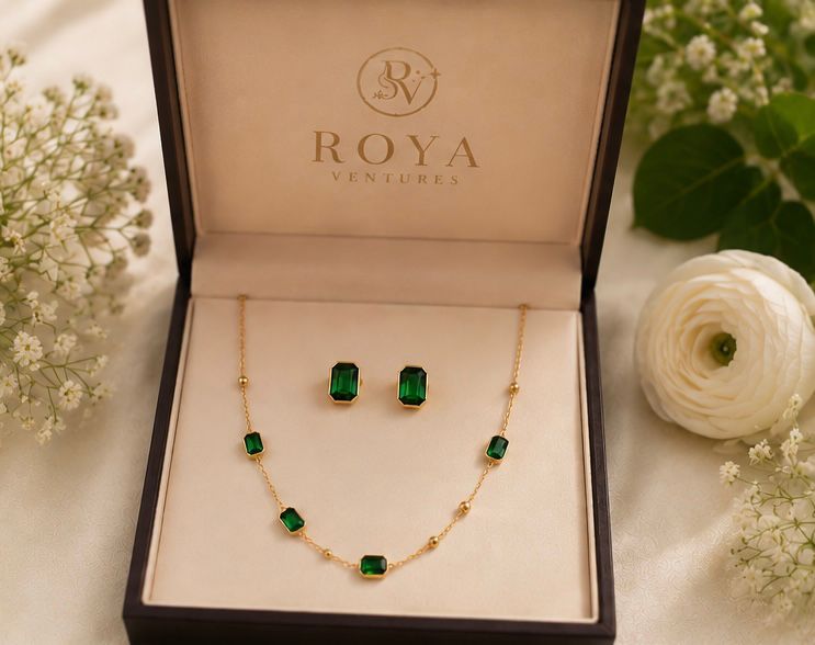 Emerald Green Stone Gold Plated Necklace & Stud Earrings Set for Women