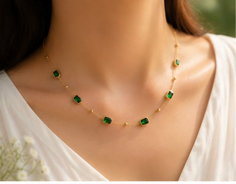 Emerald Green Stone Gold Plated Necklace & Stud Earrings Set for Women