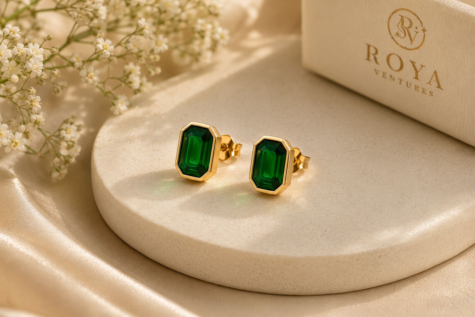 Emerald Green Stone Gold Plated Necklace & Stud Earrings Set for Women