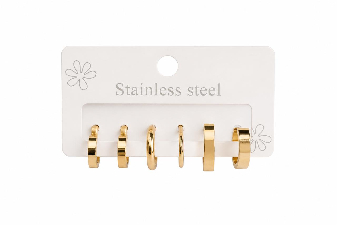 Minimalist 18K Gold Plated Stainless Steel Hoop Earrings Set (Pack of 3 Pairs)