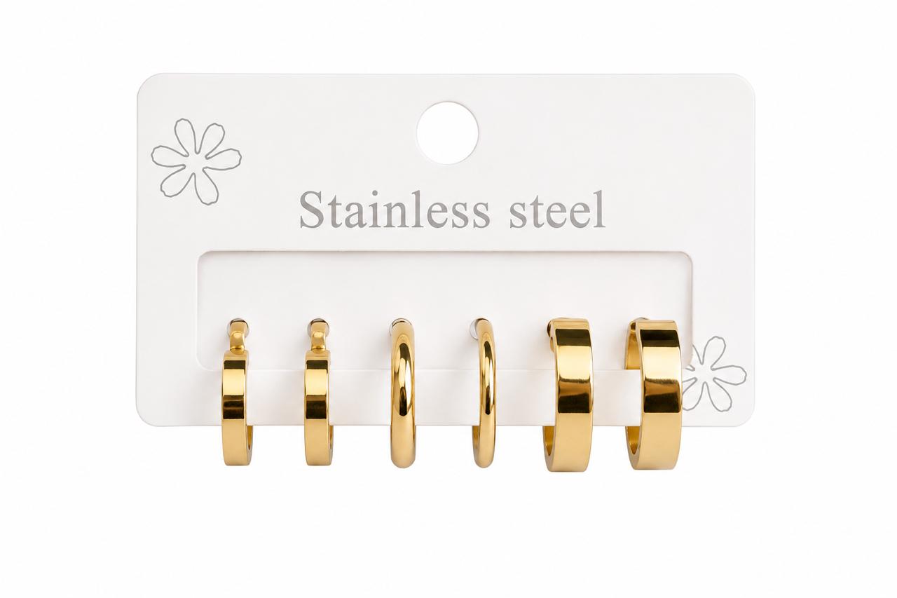 Minimalist 18K Gold Plated Stainless Steel Hoop Earrings Set (Pack of 3 Pairs)