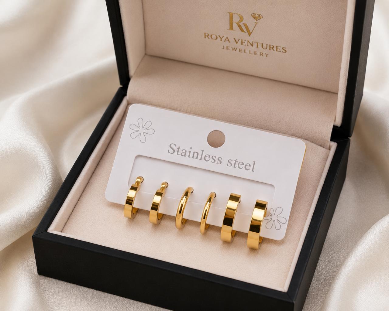 Minimalist 18K Gold Plated Stainless Steel Hoop Earrings Set (Pack of 3 Pairs)
