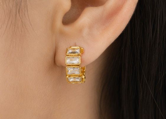 Gold Plated Rectangular Crystal Hoop Earrings for Women